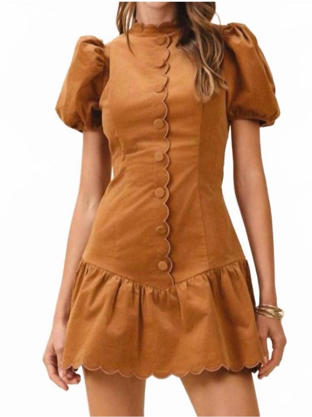 TCEC Keeps Me Going Scallop-Trim Puff Sleeve Camel Corduroy Mini Dress (large)